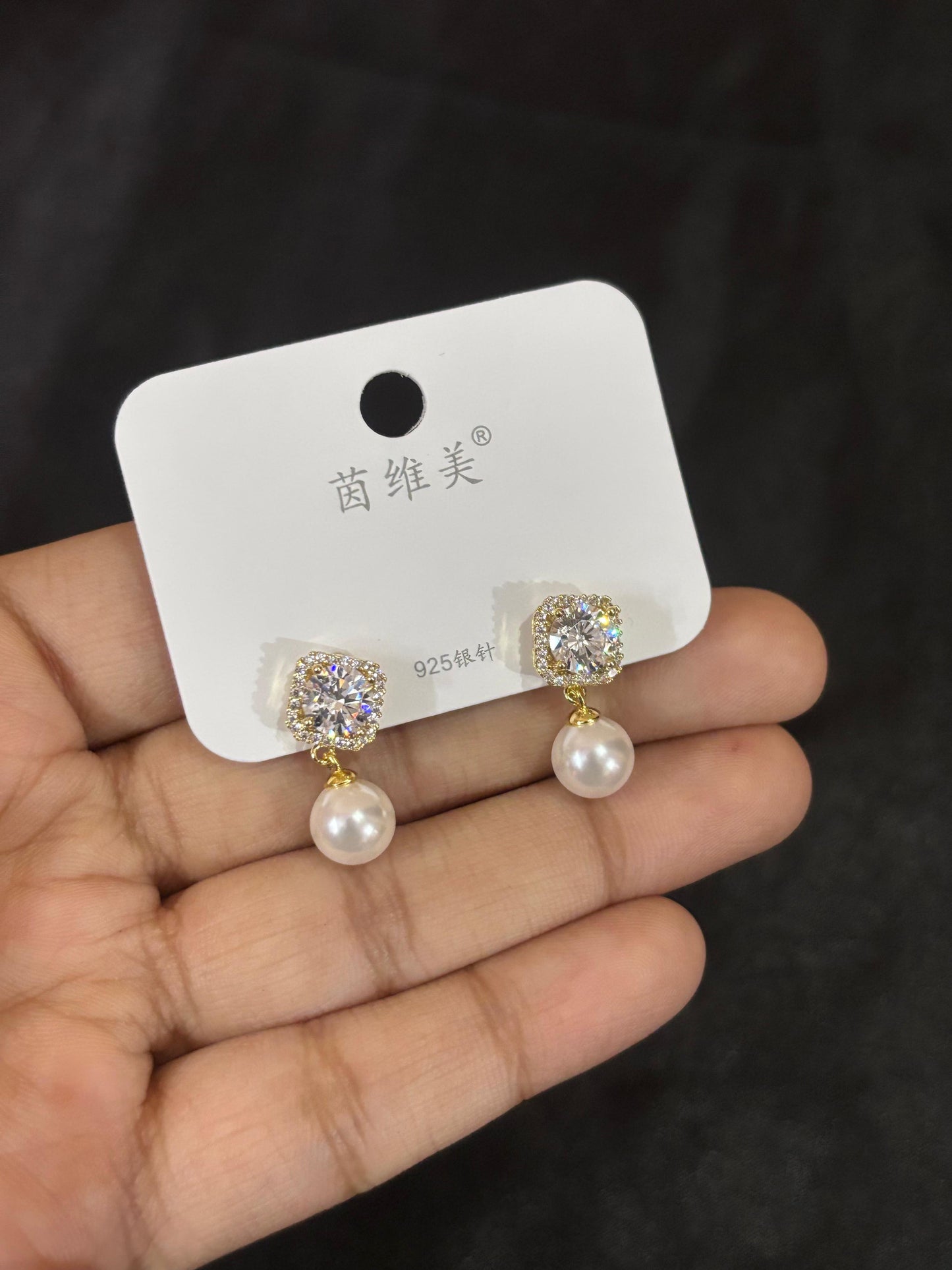 Dainty Pearl Drop Earrings with Crystal Studs