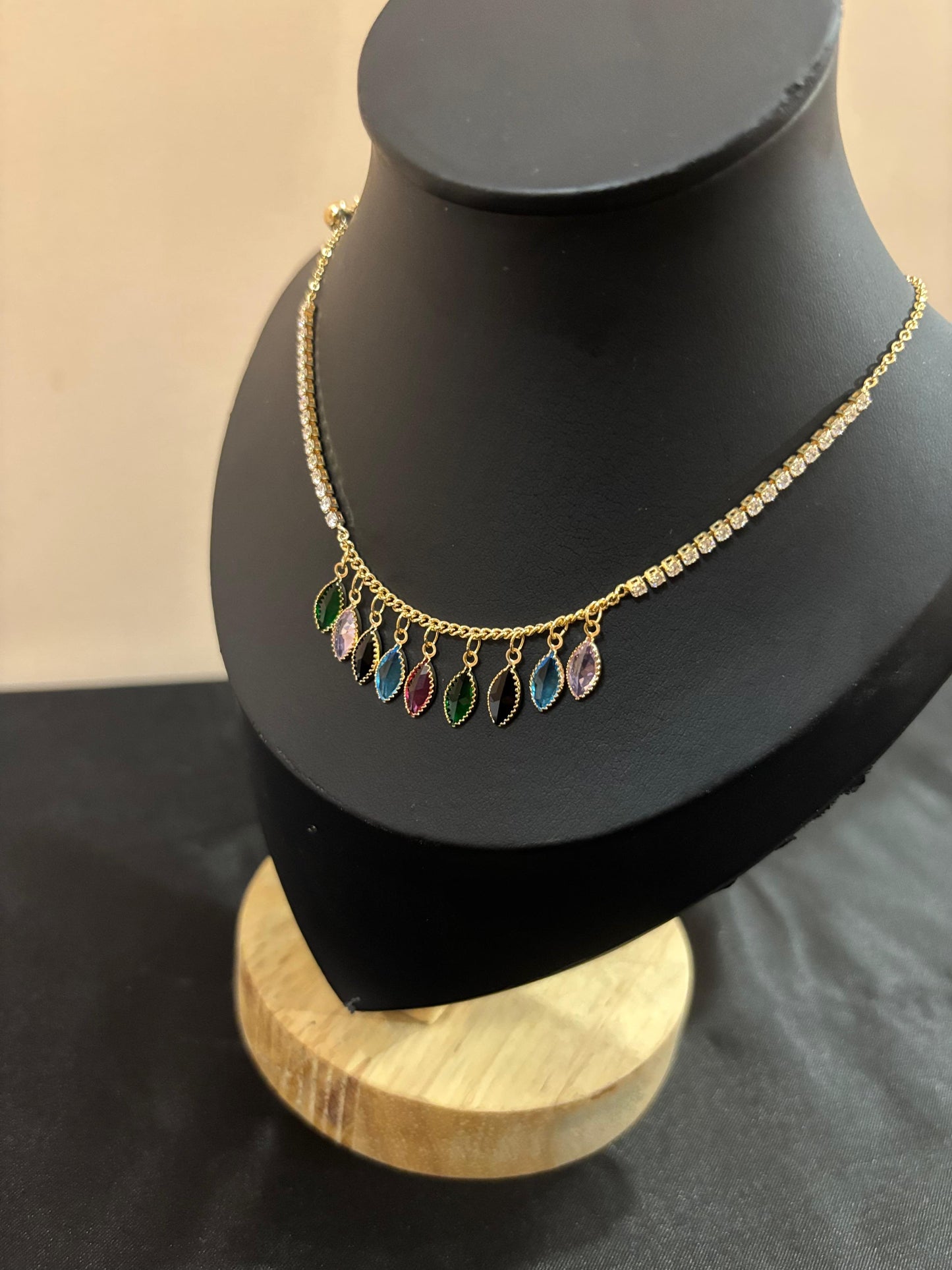 Vibrant Multi-Color Dangle Choker | Gold & Crystal Statement Necklace