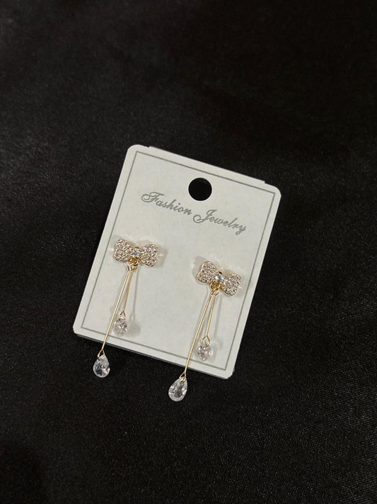 Dainty Bow and Crystal Drop Earrings