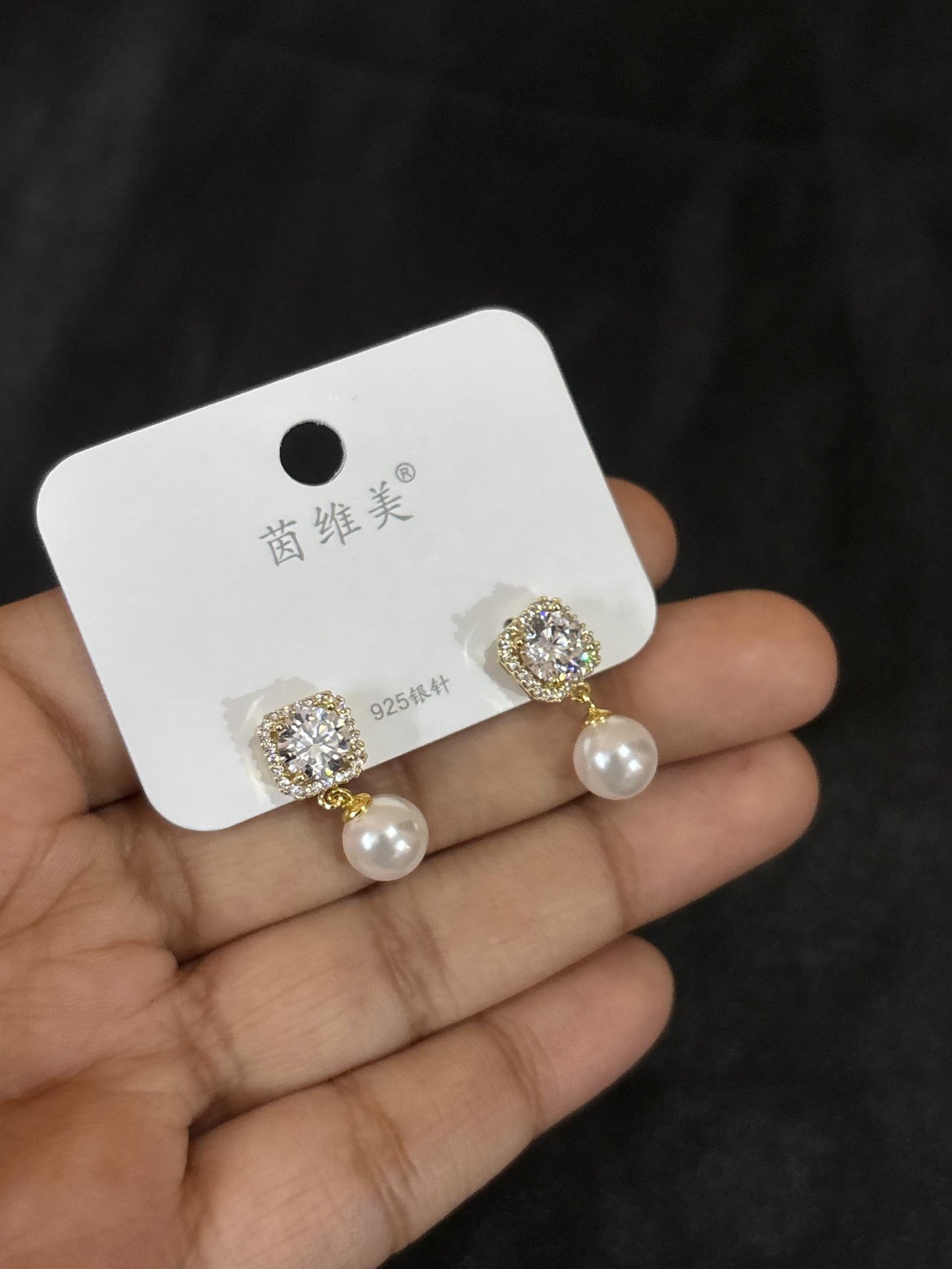 Dainty Pearl Drop Earrings with Crystal Studs
