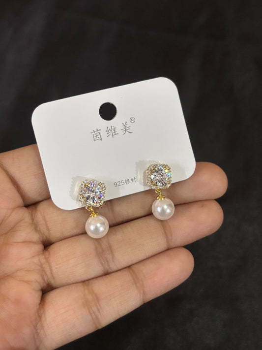 Dainty Pearl Drop Earrings with Crystal Studs