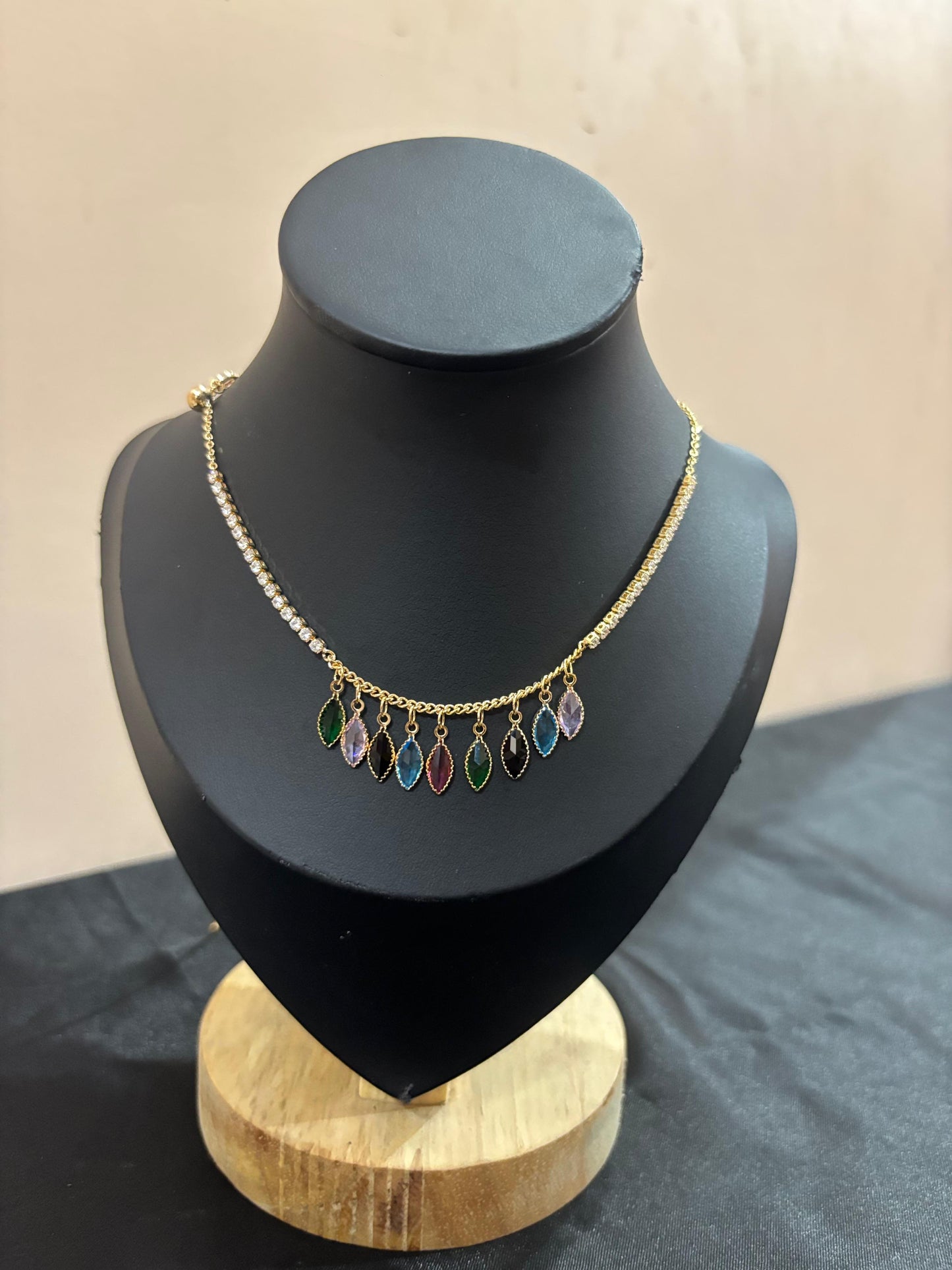 Vibrant Multi-Color Dangle Choker | Gold & Crystal Statement Necklace