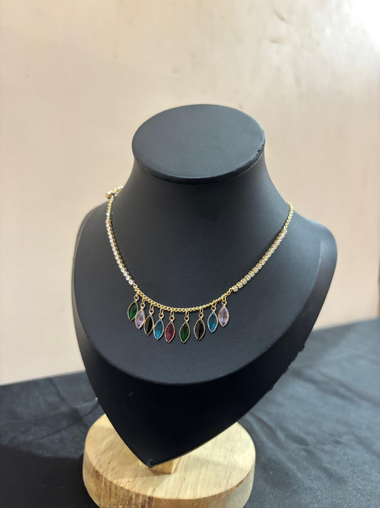 Vibrant Multi-Color Dangle Choker | Gold & Crystal Statement Necklace