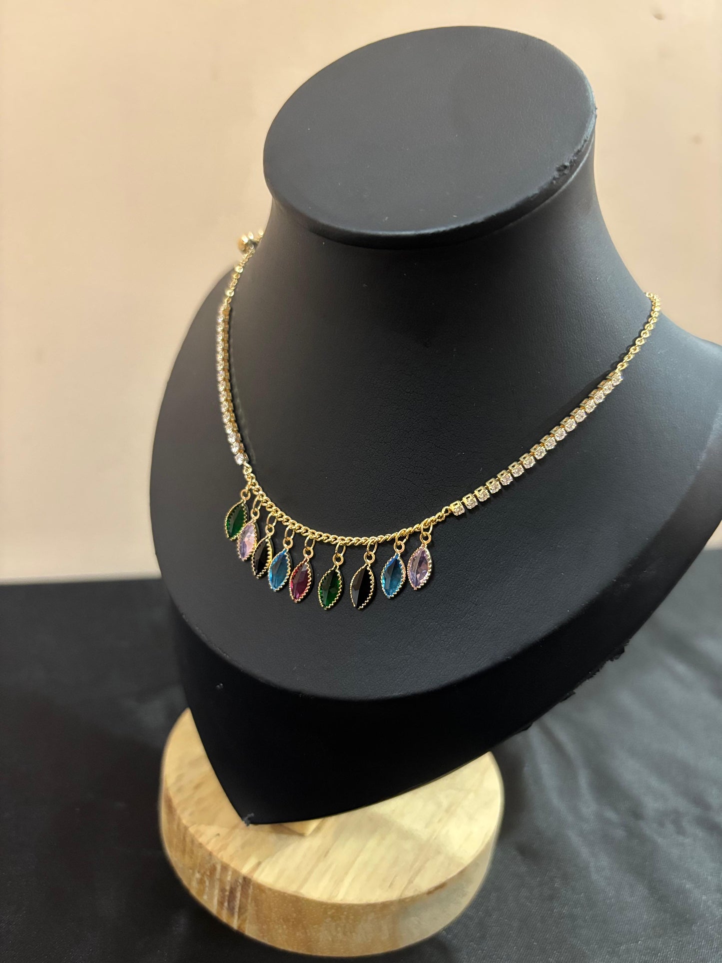 Vibrant Multi-Color Dangle Choker | Gold & Crystal Statement Necklace