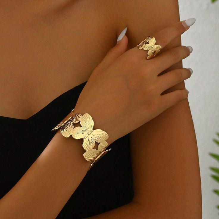 Butterfly Shaped Bracelet + 1pc Ring, Fresh And Fashionable, Suitable For Women, Perfect As A Gift